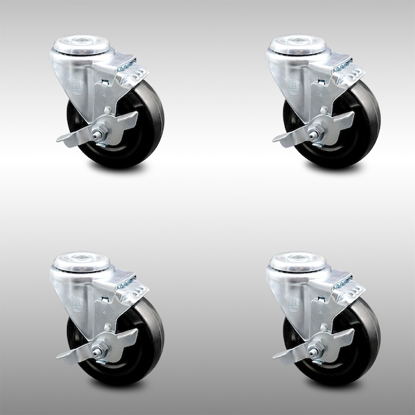 Service Caster 4 Inch SS Hard Rubber Wheel Swivel Bolt Hole Caster Set with Brake SCC SCC-SSBH20S414-HRS-TLB-4 - main